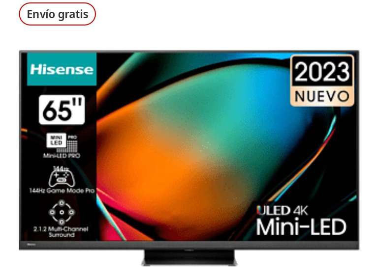 TV Mini LED 65'' - Hisense 65U8KQ Smart TV UHD 4K, Mini-Led PRO, 2.1.2 Modo juego 144Hz, Dolby Vision IQ & Atmos +Reembolso 200€ (999€)