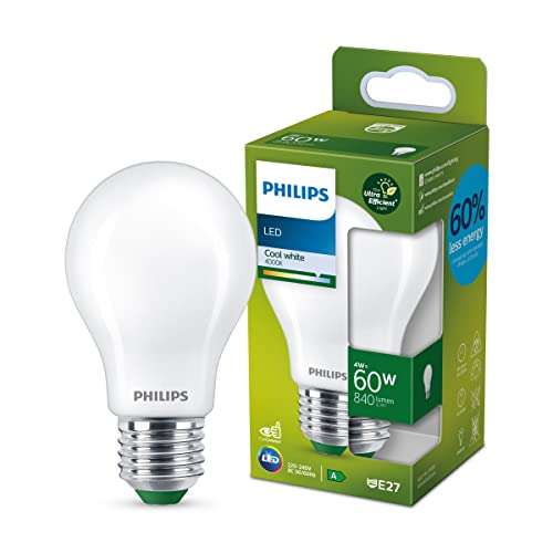 Philips Lighting - Bombilla Led Ultraeficiente 4w (Eq. 60w) E27 A60, Luz Fría (4000K) - Et. Energética A