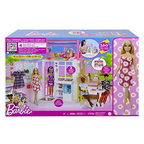 Barbie Casa 2 pisos Casa amueblada para muñecas de juguete, incluye muñeca rubia y accesorios