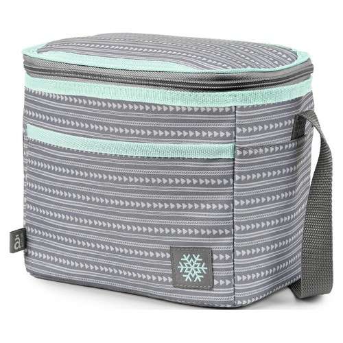 Bolsa porta alimentos color gris con ribete azul y asa bandolera, ACTUEL.