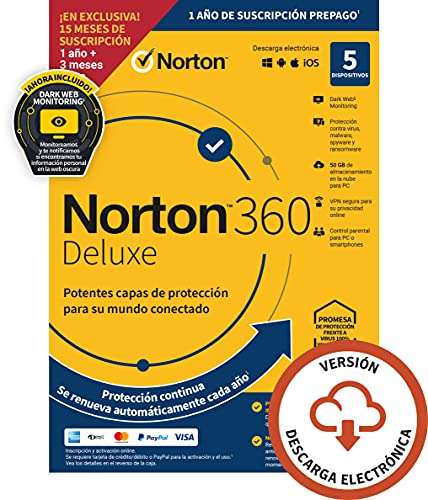 Norton 360 Deluxe 2022 - Antivirus software para 5 Dispositivos y 15 meses de suscripción con renovación automática, Secure VPN