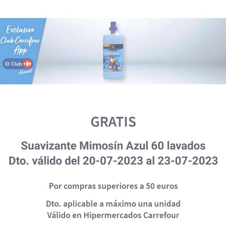 Suavizante Mimosín azul 60 lavados por superiores a 50€ con el cupón de la App de Carrefour