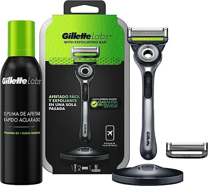 Gillette Labs Maquinilla de Afeitar con Barra Exfoliante + 2 Cuchillas + Base Magnetica+Estuche + Espuma de Afeitar