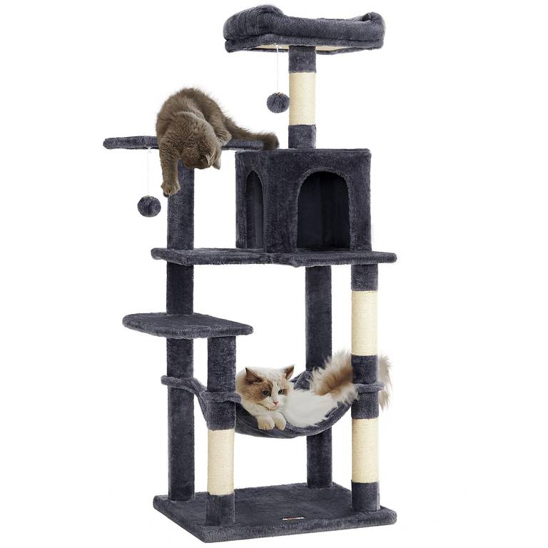 Feandrea Árbol para Gatos Altura 143cm Torre de Gatos con 4 Postes Rascadores 2 Plataformas 1 Cueva 1 Hamaca 2 Pompones