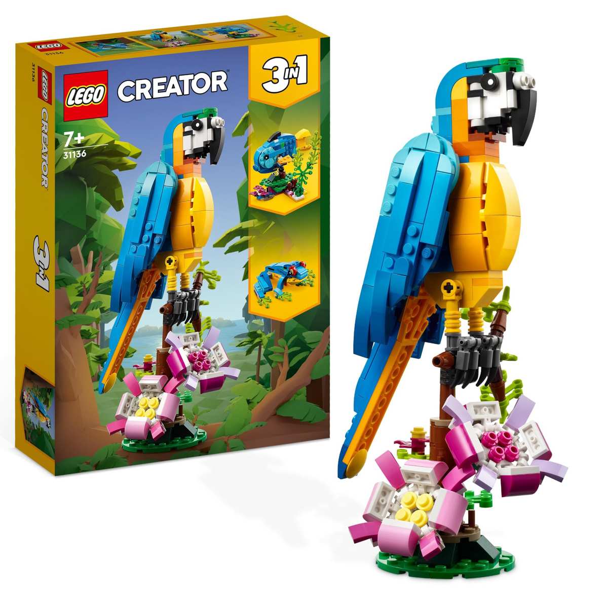 LEGO Creator 3 en 1 Loro Exótico 31136 Juguetes para niños de 7+ años, convertible a figura animal de pez o rana, juego creativo 253 piezas