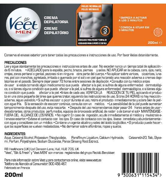 Veet Crema Depilatoria Masculina para el Cuerpo Piel Normal, 200m(COMPRA RECURRENTE +5%DESCUENTO)