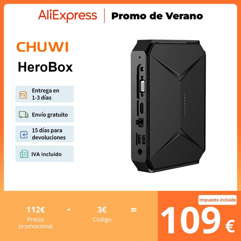 CHUWI Herobox Mini PC Intel Celeron N5100 Quad Core 8GB RAM 256G SSD Windows 11 Wifi 6 Bluetooth 5.2 HD Puerto VGA 3.5mm