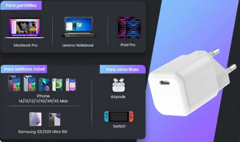 30W USB C Cargador rápido, GAN USB C Cargador Enchufe Fuente de alimentación Enchufe Compatible con iPhone , MacBook Air, Samsung, Galaxy