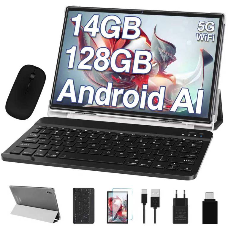 Tablet 10 Pulgadas, 14GB RAM+128GB ROM/TF 1TB, Octa-Core 2.0Ghz,5G WiFi,BT 5.0, Batería 8000mAh, , Tablet con Funda, Ratón & Teclado – Gris