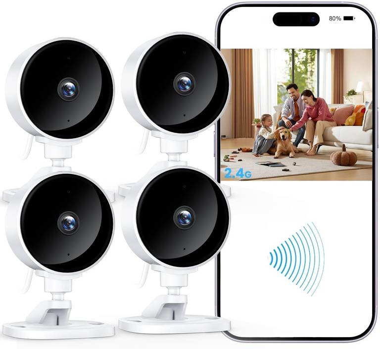 Pack de 4 cámaras vigilancia de interior 1080P, WiFi, Detección de Humano, Visión Nocturna, Audio Bidireccional, Alexa, almacena SD y Nube