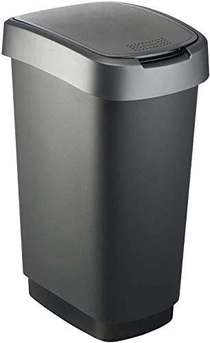 Cubo de basura Rotho Twist de 50 l con tapa, plástico (PP) sin BPA, negro/plateado, 50 l (40,1 x 29,8 x 60,2 cm)