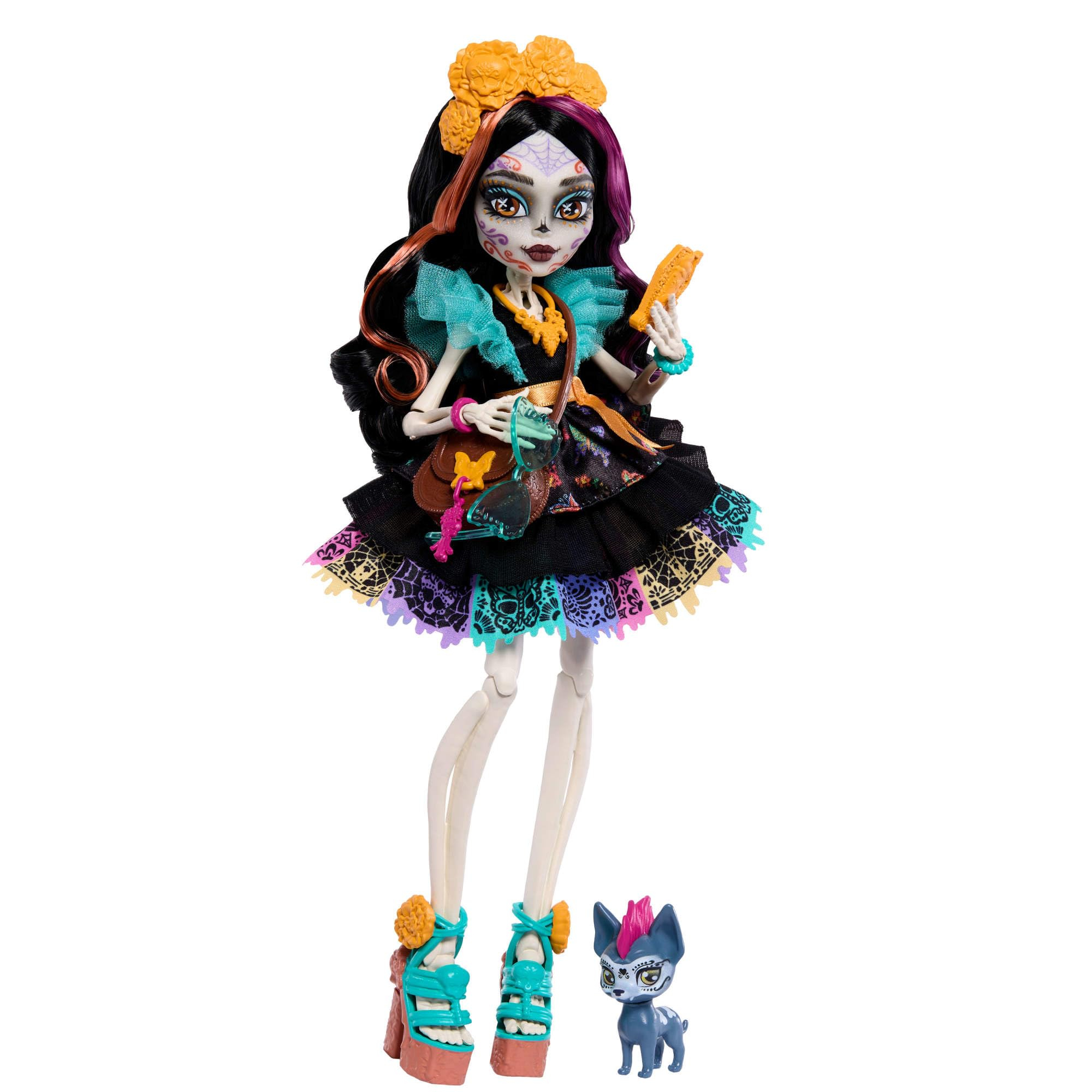 Monter hight. Suelta Calaveras, muñeca; vestido colorido con papel pintado, perrita Candelita y 7 accesorios.