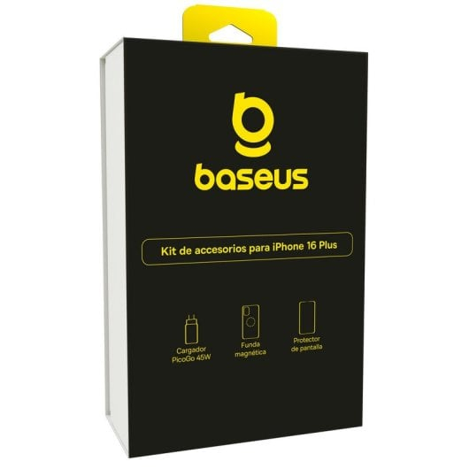 Kit Baseus iPhone 16 Plus Cargador PicoGo 45W + Funda Transparente + Protector de Cristal Templado