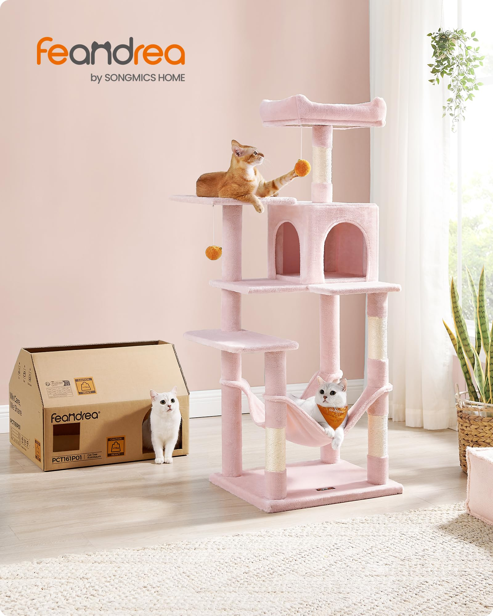 Feandrea Árbol para Gatos, Altura 137,7 cm, Multinivel, 4 Postes Rascadores Torre de Gatos, 2 Plataformas, 1 Cueva, 1 Hamaca, 2 Pompones