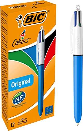 BIC 4 Colores Original bolígrafos retráctiles, Tinta negra, azul, roja y verde, Punta media (1,0 mm) , Caja de 12 unidades