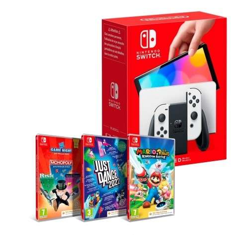 Nintendo Switch OLED Blanca + Pack Mario Rabbids Kingdom Battle + Just Dance 2022 + Hasbro Game Night para Nintendo Switch (Digitales)