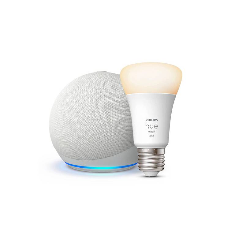 Echo Dot (5.ª generación) | Blanco + Philips Hue White Bombilla Inteligente (E27), compatible con