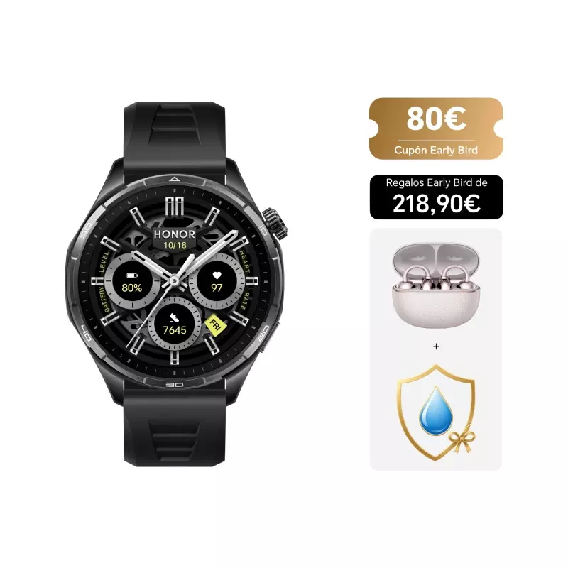HONOR Watch 6: AMOLED LTPS de 1.46" 3000nits, 980mAh(Hasta 35 días),Bisel Acero 316L, GPS Dual L1+L5, 5ATM + Earbuds Clip 2 Pro - Smartwatch