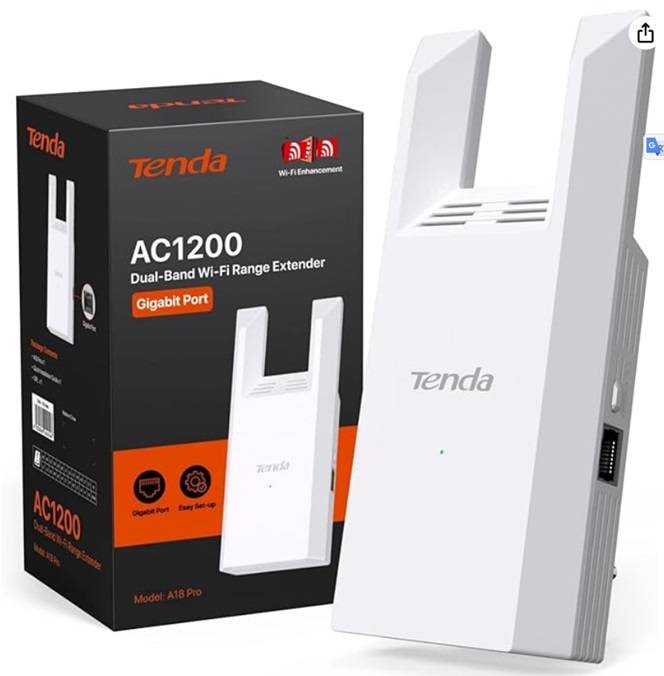 Tenda A18 Pro AC1200 Repetidor WiFi con Puerto Gigabit, Extensor de WiFi Doble Banda 2.4/5 GHz, Amplificador Señal WiFi hasta 150 m²