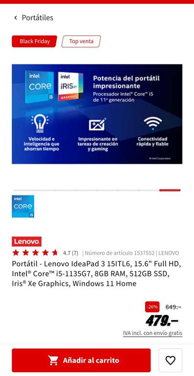 Portátil - Lenovo IdeaPad 3 15ITL6, 15.6" Full HD, Intel Core i5-1135G7, 8GB RAM, 512GB SSD, Iris Xe Graphics, Windows 11 Home