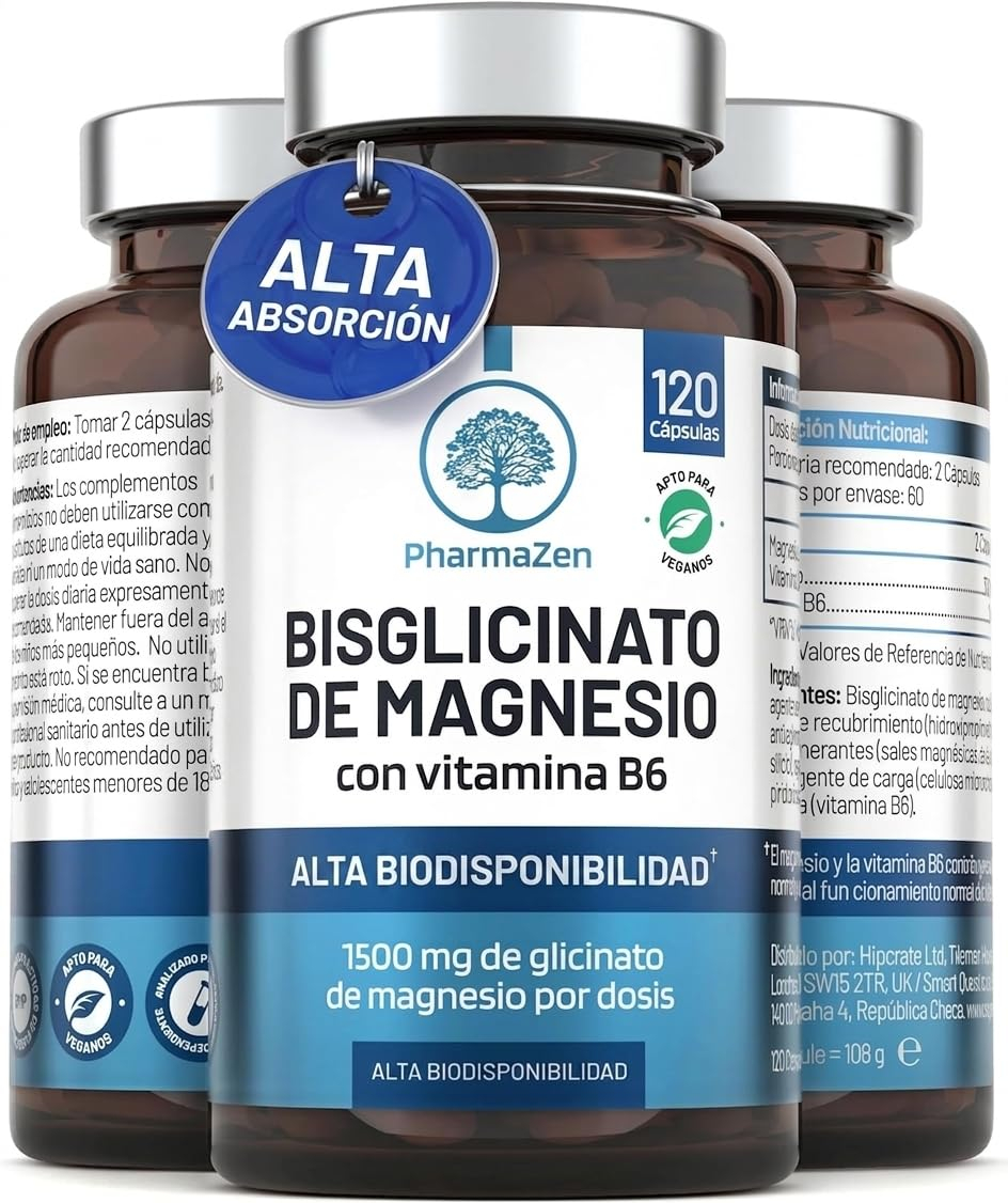 Bisglicinato de Magnesio 1500 mg con Vitamina B6 PharmaZen (120 Cápsulas Veganas | 300 mg Magnesio Puro) [4,01€ si te sale cupón]