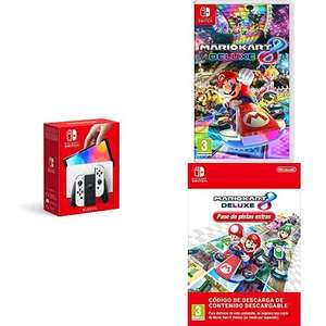 Nintendo Switch (versión OLED) Blanca + Mario Kart 8 Deluxe + Pase de pistas extras DLC, Código de descarga