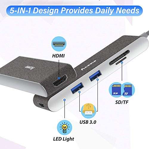 Hub USB-C 5 en 1 a 4K HDMI, 2 USB 3.0, SD/TF 5Gbps, Thunderbolt 3 DisplayPort MacBook Pro/Air, Surface, Nintendo Switch, Laptop