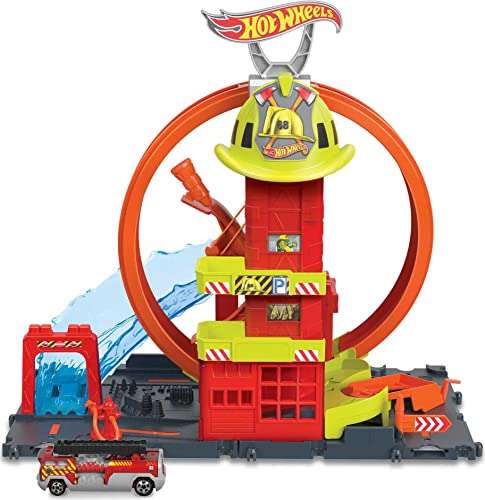 Hot Wheels City Super Estación de bomberos Pista para coches de juguete, incluye 1 vehículo, +4 años (Mattel HKX41)