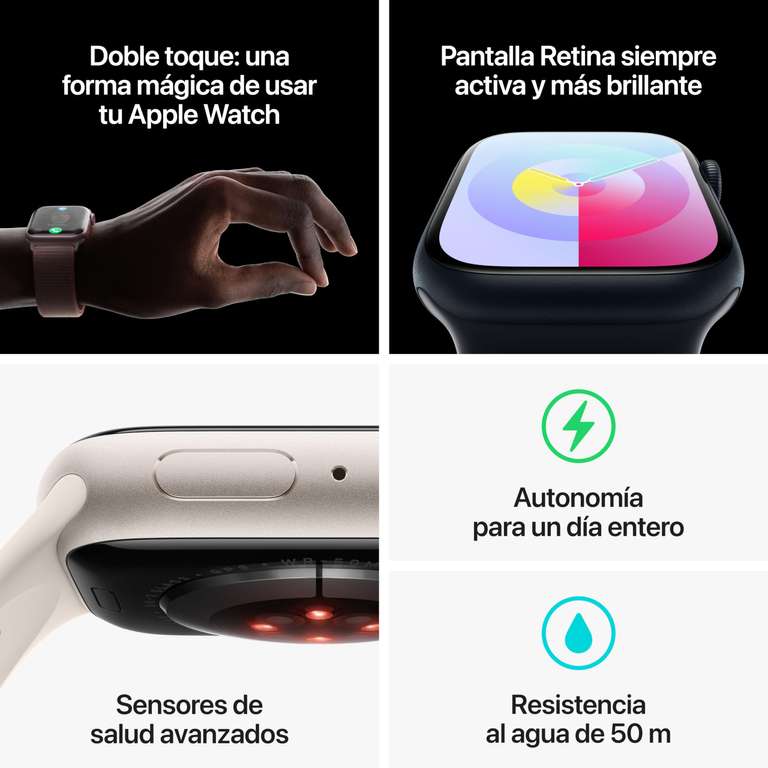Apple Watch Series 9 [GPS]Caja de Aluminio en Blanco Estrella de 41 mm y Correa Deportiva - Talla M/L. Monitor de entreno, Oxígeno en Sangre