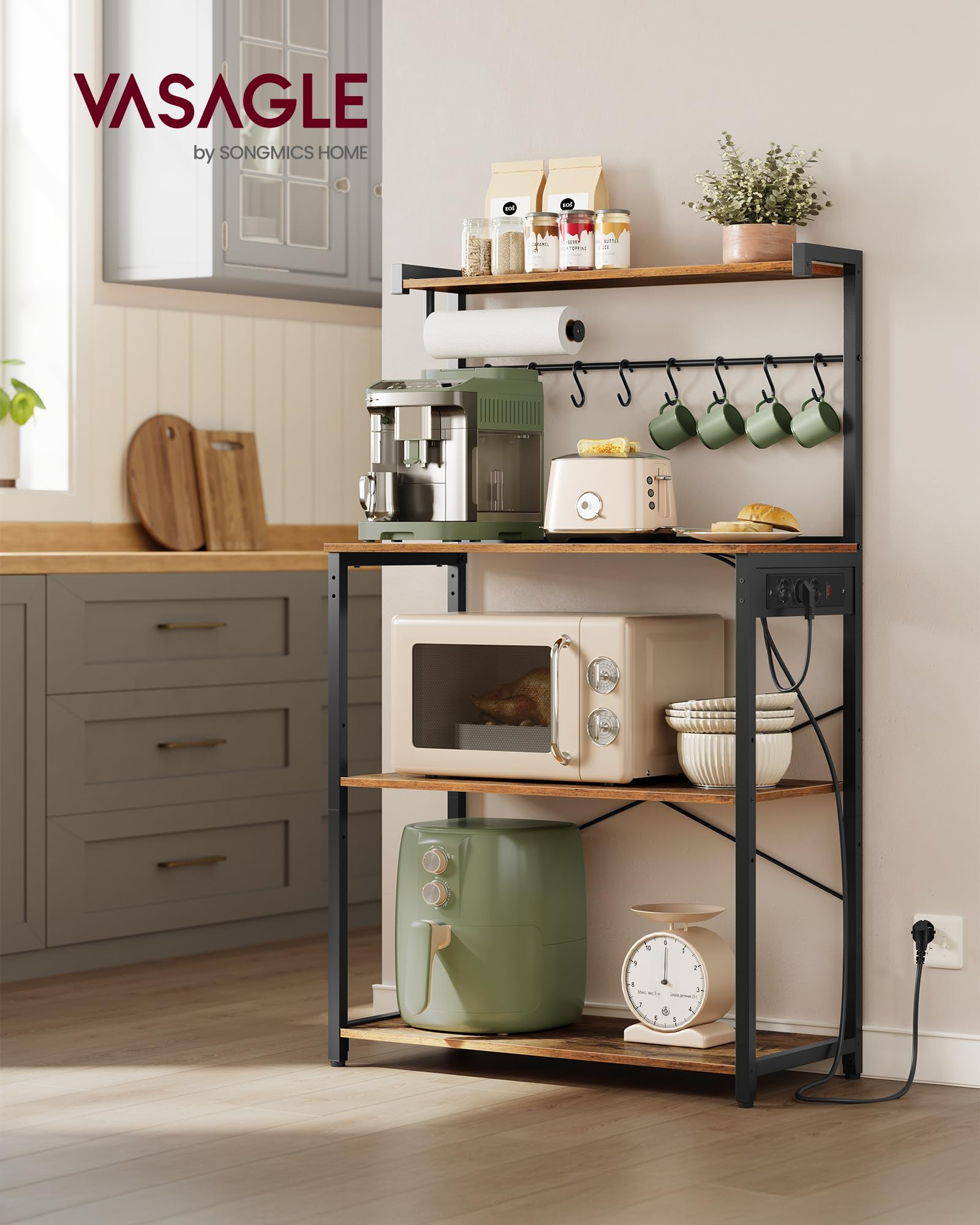 Estantería de Cocina con Enchufe Múltiple, Barra de Café de 4 Niveles con Estante Ajustable, 8 Ganchos S, 40 x 80 x 140 cm