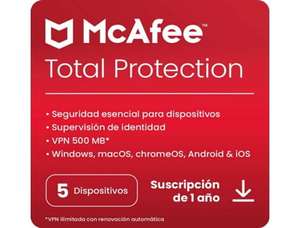 Software McAfee Total Protection para 5 Dispositivos - 1 Año - PC, Mac, Smartphone y Tablet - Formato Digital