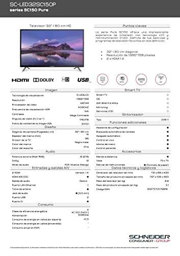 SCHNEIDER 32SC150P - TV LED 32", HD (1366x768p), HDMI, USB 2.0, Sintonizador DVB-T, Negro [Clase de eficiencia energética F]