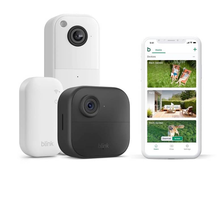 Kit de Seguridad Blink Outdoor 4 + Videotimbre Blink Blanco (Sin Cables, Autonomía 2 Años, 1080p HD, Sync Module Core Incluido)