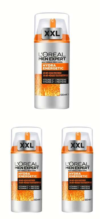 3x L'Oréal Men Expert Crema Hidratante Anti-Fatiga 24h Hydra Energetic para Hombres, Uso Diario, Aporta Energía, 3x 100 ml. 7'95€/ud
