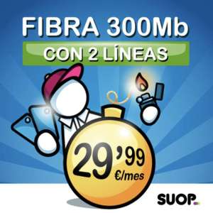 Fibra 300Mb + 2 líneas con 25GB/mes + llamadas ilimitadas