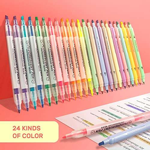 Marcadores Subrayador, 24 rotuladores pastel y fluorescentes, puntas dobles (biselada y fina) material escolar de 4 estilos de color