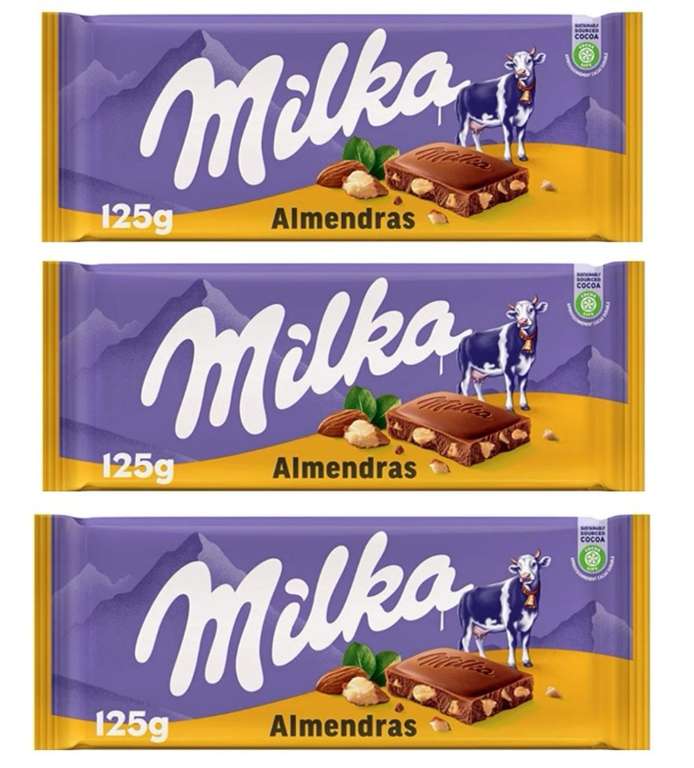 [3 x 125g] Milka Tableta de Chocolate con Leche de los Alpes con Trozos de Almendras (1.32€ Und)
