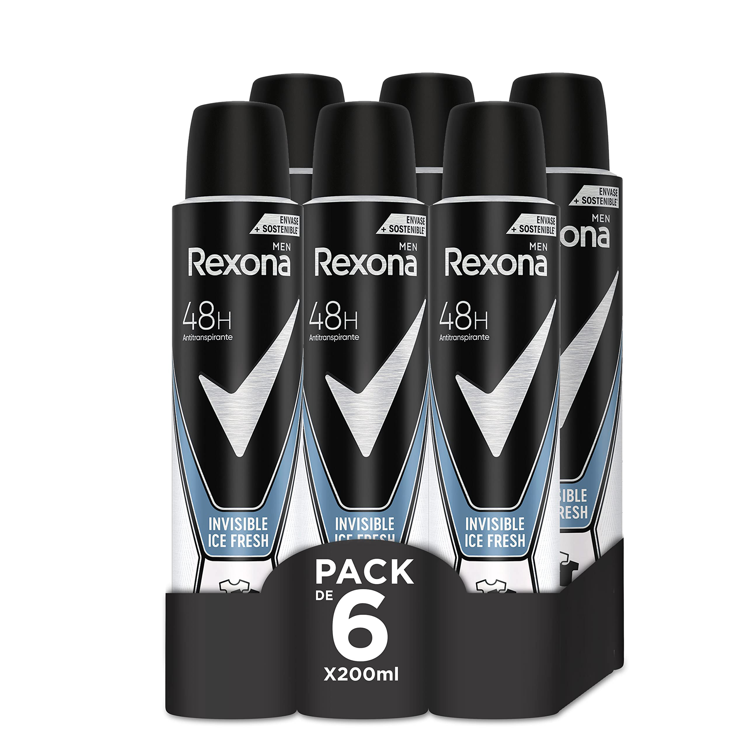 6 X 200ml. Rexona Invisible Desodorante Aerosol Antitranspirante para hombre Ice