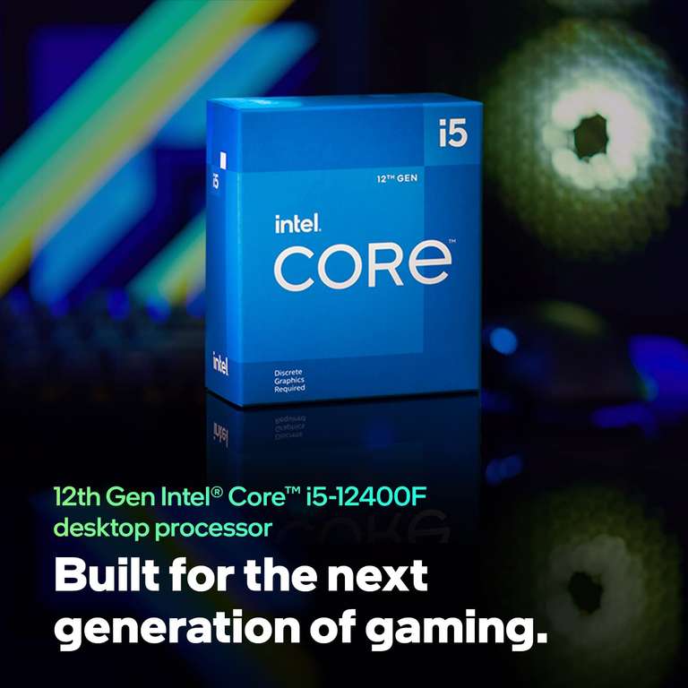 Intel Core i5-12400F, procesador de 12a generación; Frecuencia base 2.5 GHz, 6 núcleos, LGA1700, RAM DDR4 y hasta 128 GB DDR5