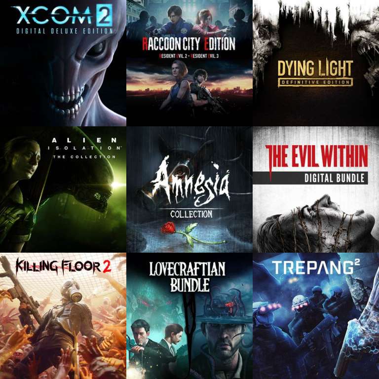 XCOM, Saga (Resident Evil, Alien, Amnesia, Dead Rising, The Evil Within, Don't Starve), Killing Floor, Soma, Tormented Souls,, Prey,Trepang2