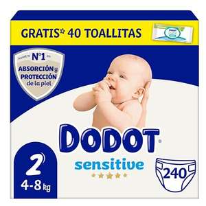 Dodot Pañales Bebé Sensitive Talla 2 (4-8 kg), 240 Pañales + 1 Pack de 40 Toallitas Gratis Cuidado Total Aqua