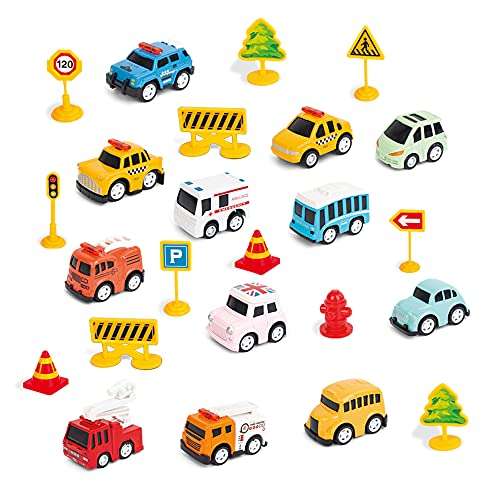 Car Toys - Juguete educativo para Aprendizaje temprano de las señales de tráfico: 12 autos, 12 señales de tráfico, 1 tapete y 2 dados