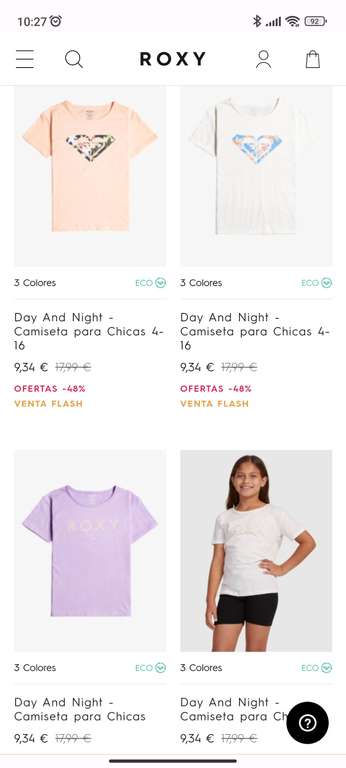 Roxy camisetas rebajas Mujer (10,19€) y niña (menos de 10€) (-10% adicional si compras 2 prendas)