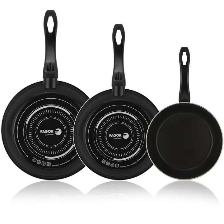 FAGOR Optimax set de sartenes 20 + 24 + 28 cm, negra, antiadherente doble capa, apta todo tipo de cocinas y lavavajillas