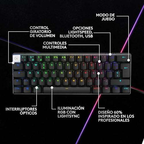 Logitech G PRO X 60% LIGHTSPEED, Miniteclado inalámbrico para gaming, mecánico compacto, RGB LIGHTSYNC