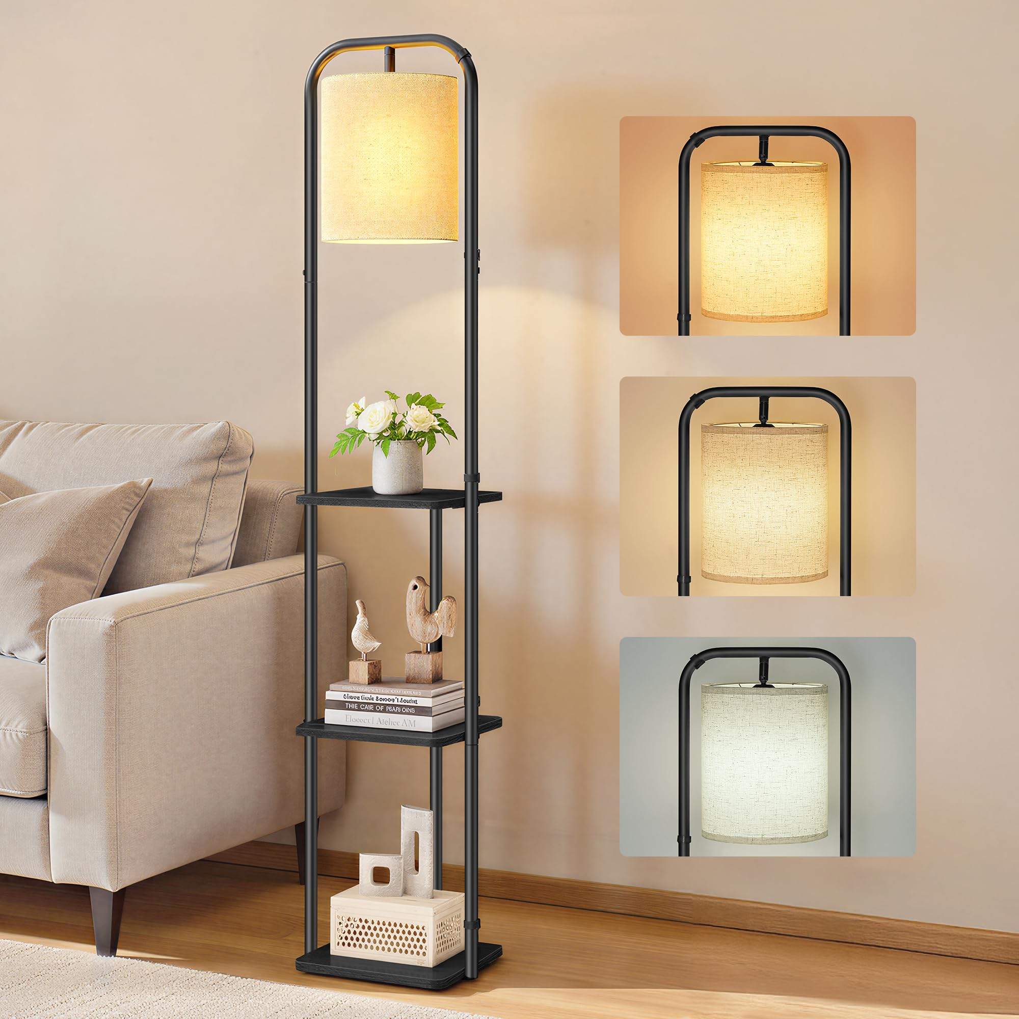 VASAGLE Lámpara de Pie con 3 Estantes, incluye bombilla led, con Interruptor de Pie, Pantalla de Tela, para Salón y Dormitorio, Negro Tinta