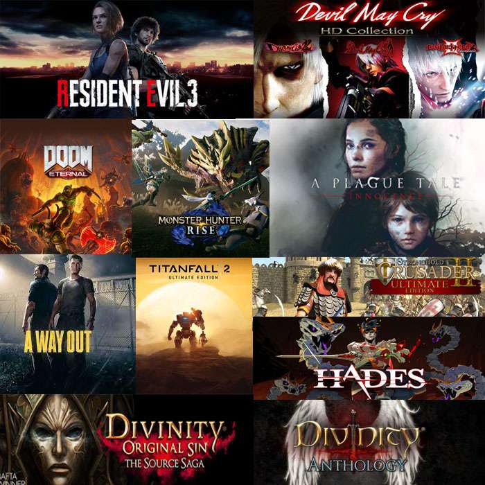 Doom, Plague Tale, Resident Evil 3, Titanfall, Monster Hunter, DMC, Hades, Saga (Divinity: Original Sin, Stronghold), AWayOut, Dragon Ball