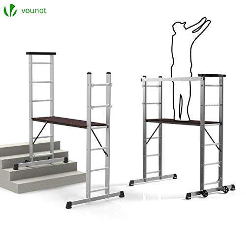 Andamio de Aluminio Multipropósito, Escalera Combinación y Andamio Plataforma de Trabajo, con 6 Peldaños y Ruedas, Carga máxima 150 kg