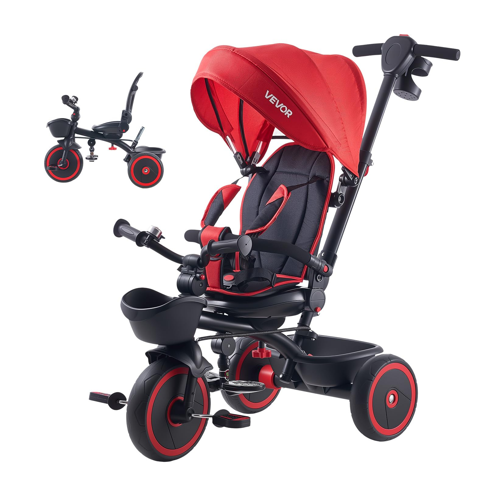 VEVOR Triciclos para Niños 1/5 Años, con Manillar de Empuje para Padres, Capota, Asiento Ajustable, Cuadro de Acero al Carbono, Rosa/Negro