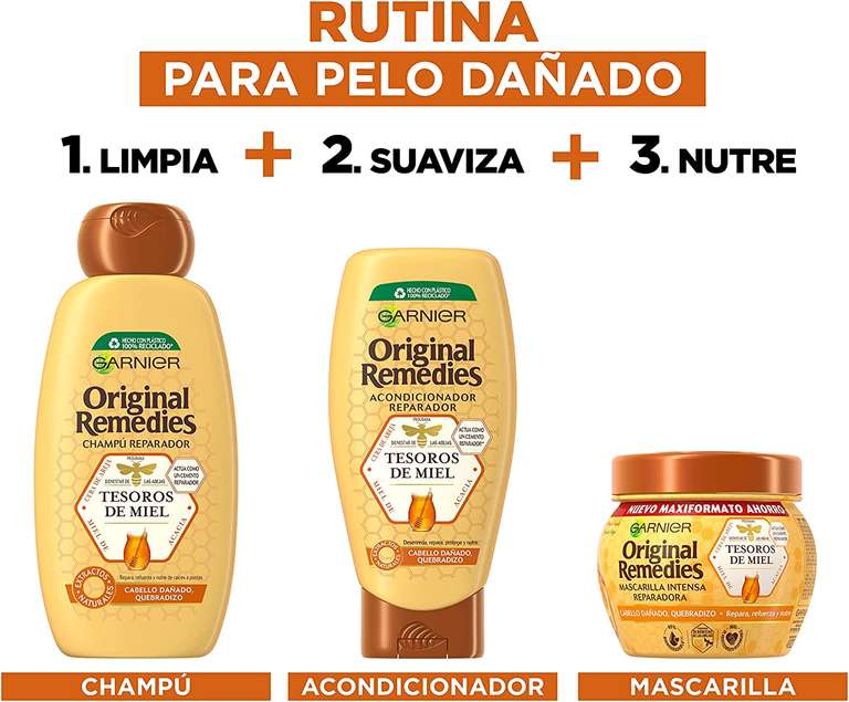 Garnier Original Remedies (Tesoros de Miel) - Pack Champú + Acondicionador + Mascarilla para Pelo Dañado y Quebradizo